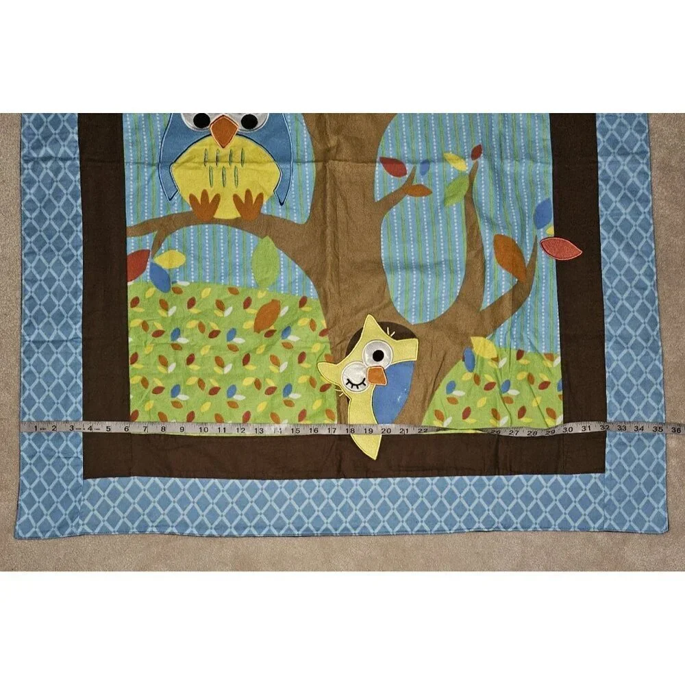 Handmade Baby Blanket Comforter Wall Decor 35x41 Owls In Tree Leaves Blue Brown